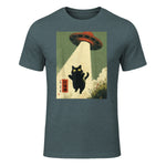 Vintage Japanese Cat Alien Cat Dad UFO Abduction Graphic Tee T-Shirt in Dark Heather - front view