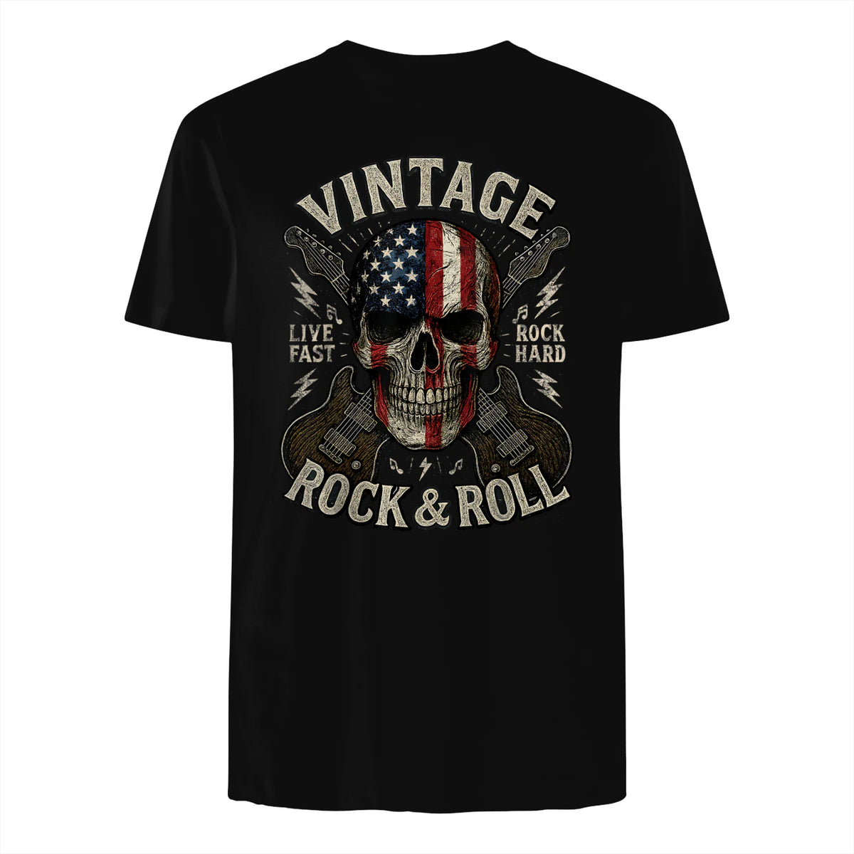 Vintage Rock Skull American Flag Guitar Retro Rock and Roll T-Shirt in Black - back view