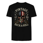 Vintage Rock Skull American Flag Guitar Retro Rock and Roll T-Shirt in Black - back view
