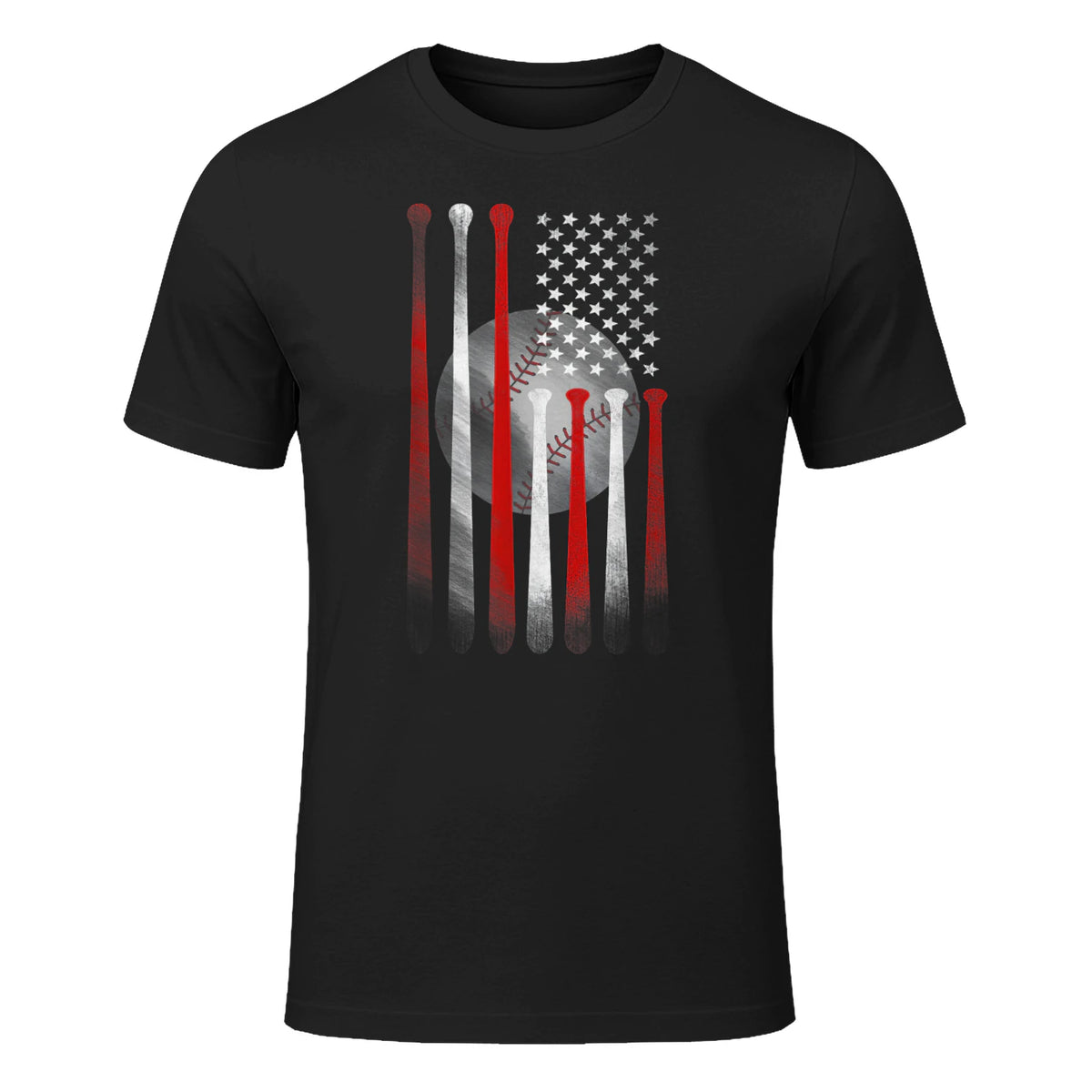 Vintage Baseball American Flag T-Shirt, Classic Fit Black Tee for Dad in Black - front view