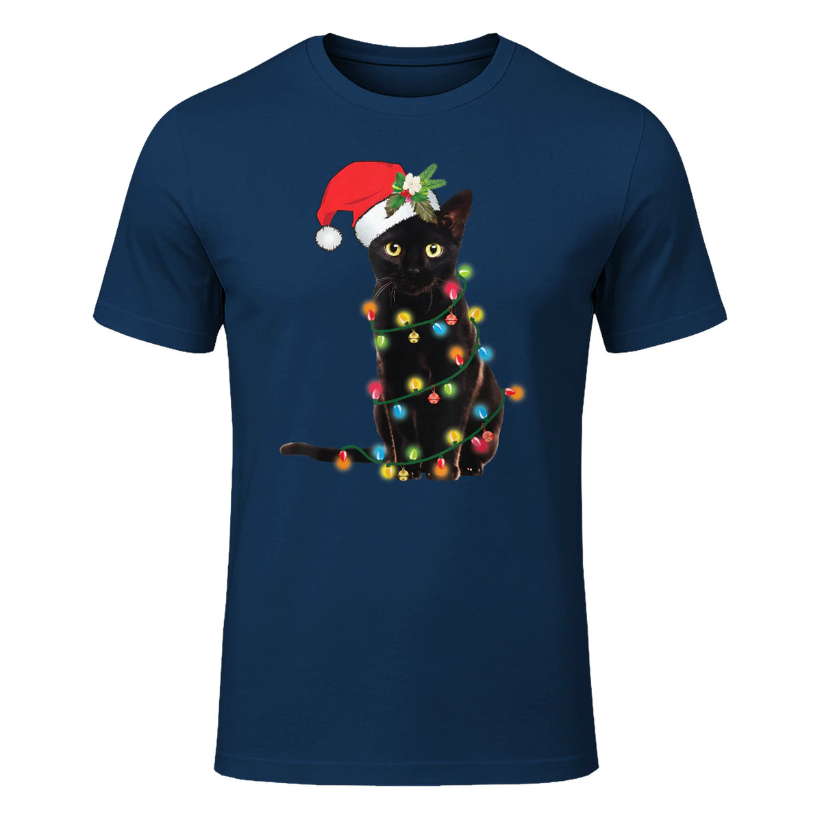 Santa Black Cat Tangled Up In Christmas Tree Lights Holiday in Navy - front view