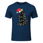 Santa Black Cat Tangled Up In Christmas Tree Lights Holiday in Navy - front view