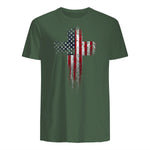 American USA Flag Christian Cross T-Shirt in Military Green - back view