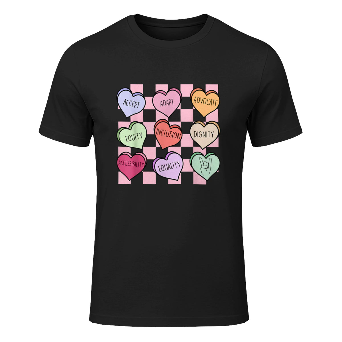 Special Education Teacher Candy Heart Valentines Day Love T-Shirt in Black - front view