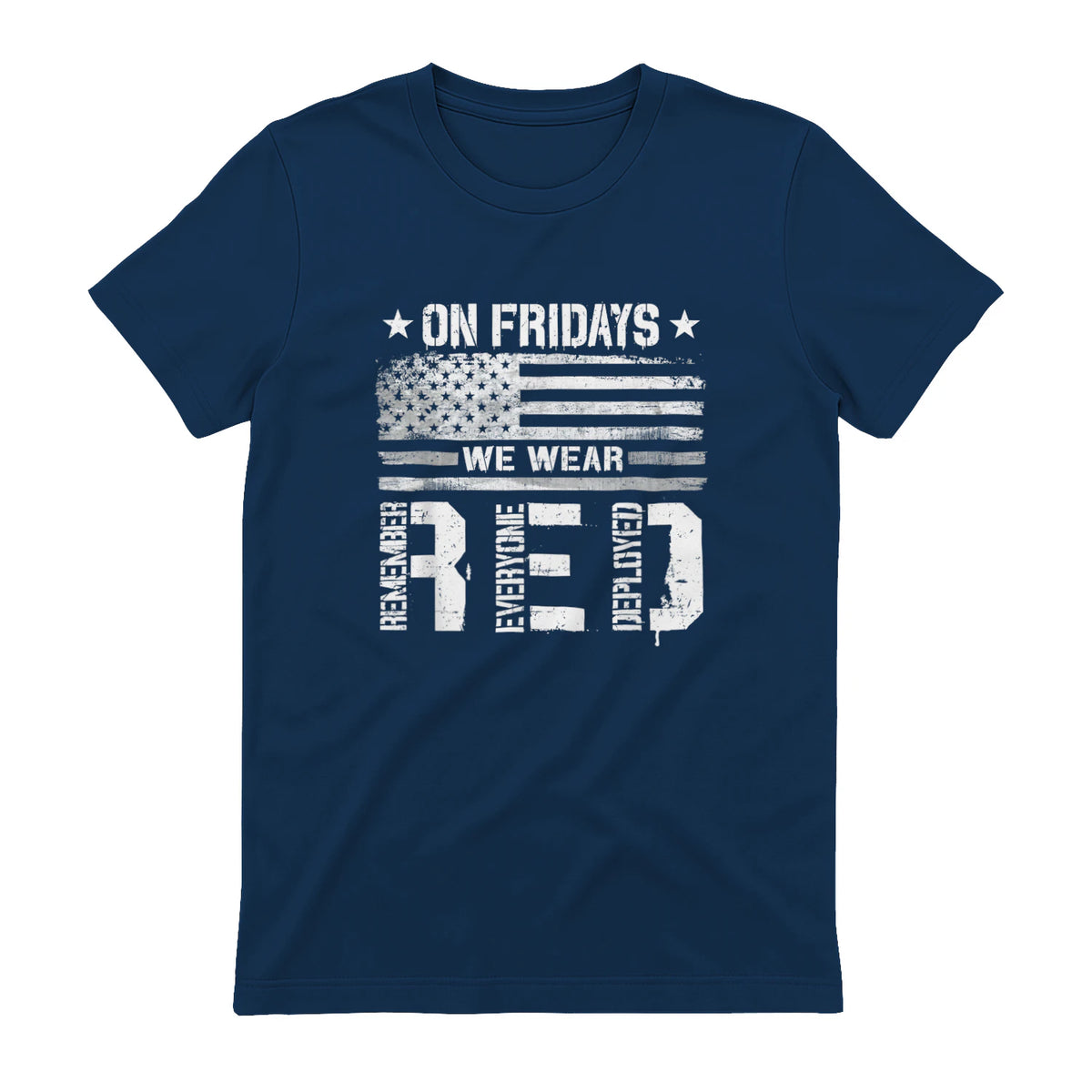 On Friday We Wear Red American Flag Military Supportive T-Shirt in Navy - back view
