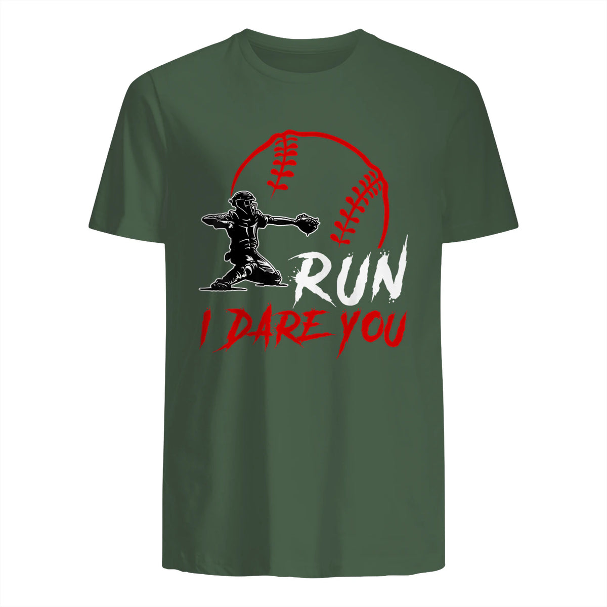Run Steal I Dare You Humor Baseball Catcher Vintage T-Shirt in Military Green - back view