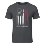 Christian US USA Flag American Christ Faith Over Fear Cross T-Shirt in Charcoal - front view