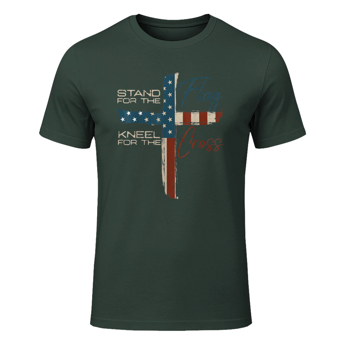 USA Flag Religious Quote Fourth of July Christian Faith T-Shirt in Forest Green - front view