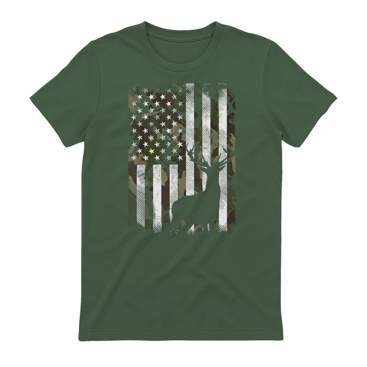 Camo US Flag Deer Elk Buck Camoflage Hunting Hunter Dad Gift Short Sleeve in Military Green - back view