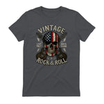 Vintage Rock Skull American Flag Guitar Retro Rock and Roll T-Shirt in Charcoal - back view