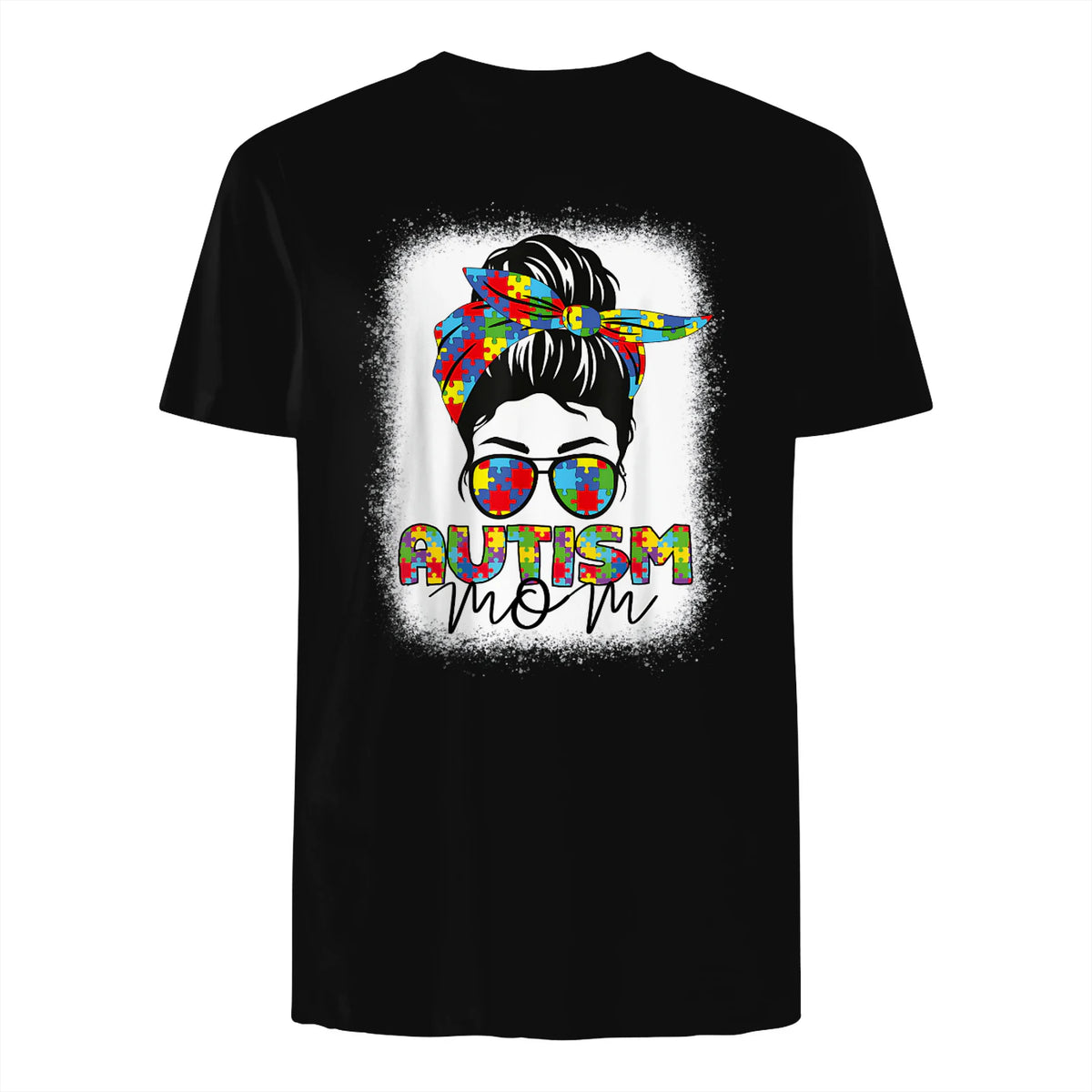 Autism Mom Life Messy Bun T-Shirt in Black - back view