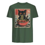 Unisex Adults Cat Ramen Japanese Funny Graphic Tees Kawaii Cat Anime Gifts T-Shirt in Military Green - back view