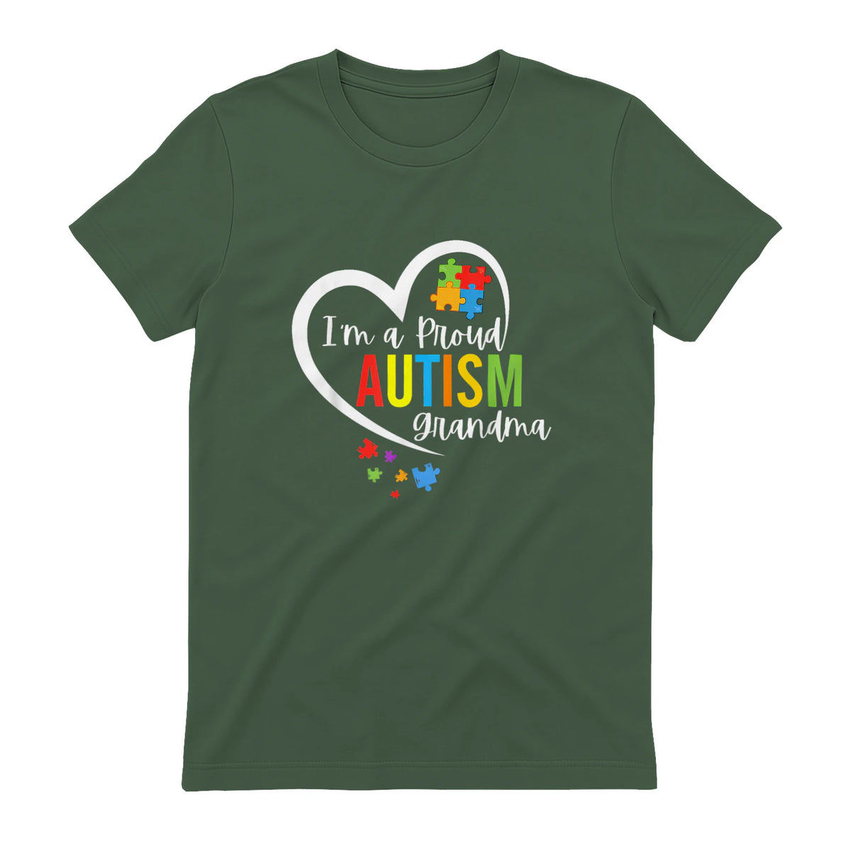 I'm A Proud Grandma Love Heart Autism Awareness Puzzle in Military Green - back view