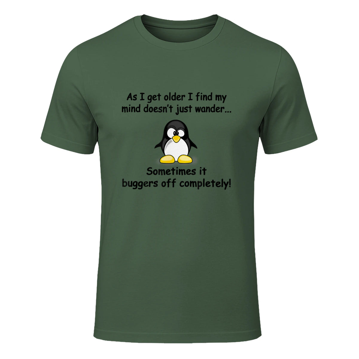 Funny silly penguin t-shirt mens ladies retirement gift in Military Green - front view