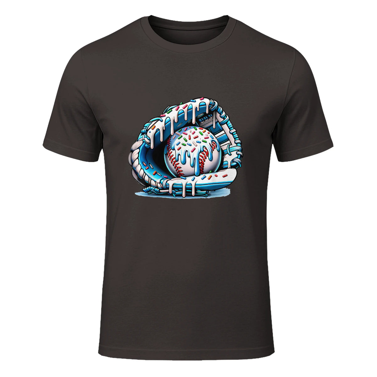 Baseball Drip Ice Cream Sprinkles Baseball Glove T-Shirt in Dark Chocolate - front view