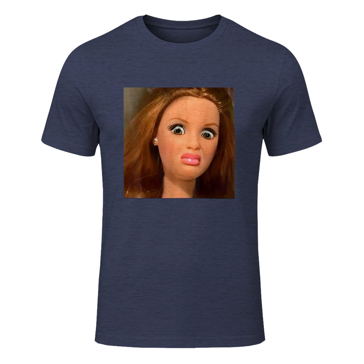 Funny Doll Face Meme Expression Hilarious Sarcastic in Heather Navy - front view