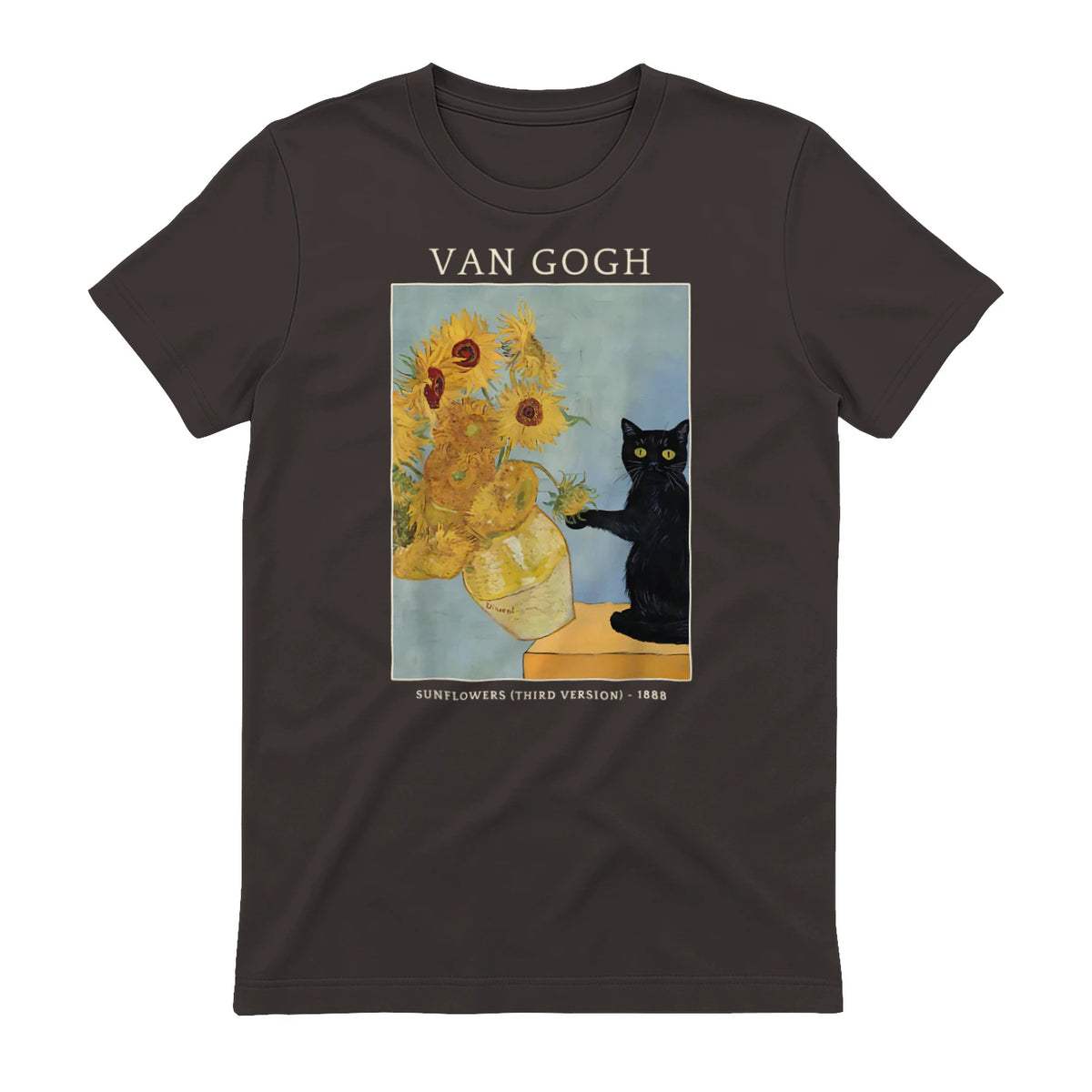 Funny Cat & Sunflowers Van Gogh Art Parody Vintage T-Shirt in Dark Chocolate - back view