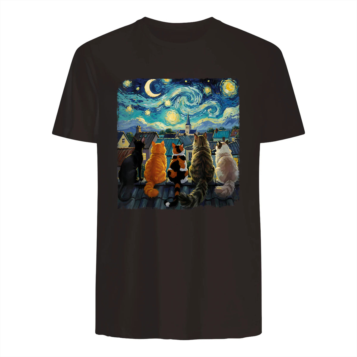 Funny Cat Starry Night Van Gogh Cats Rooftop Scene Feline T-Shirt in Dark Chocolate - back view