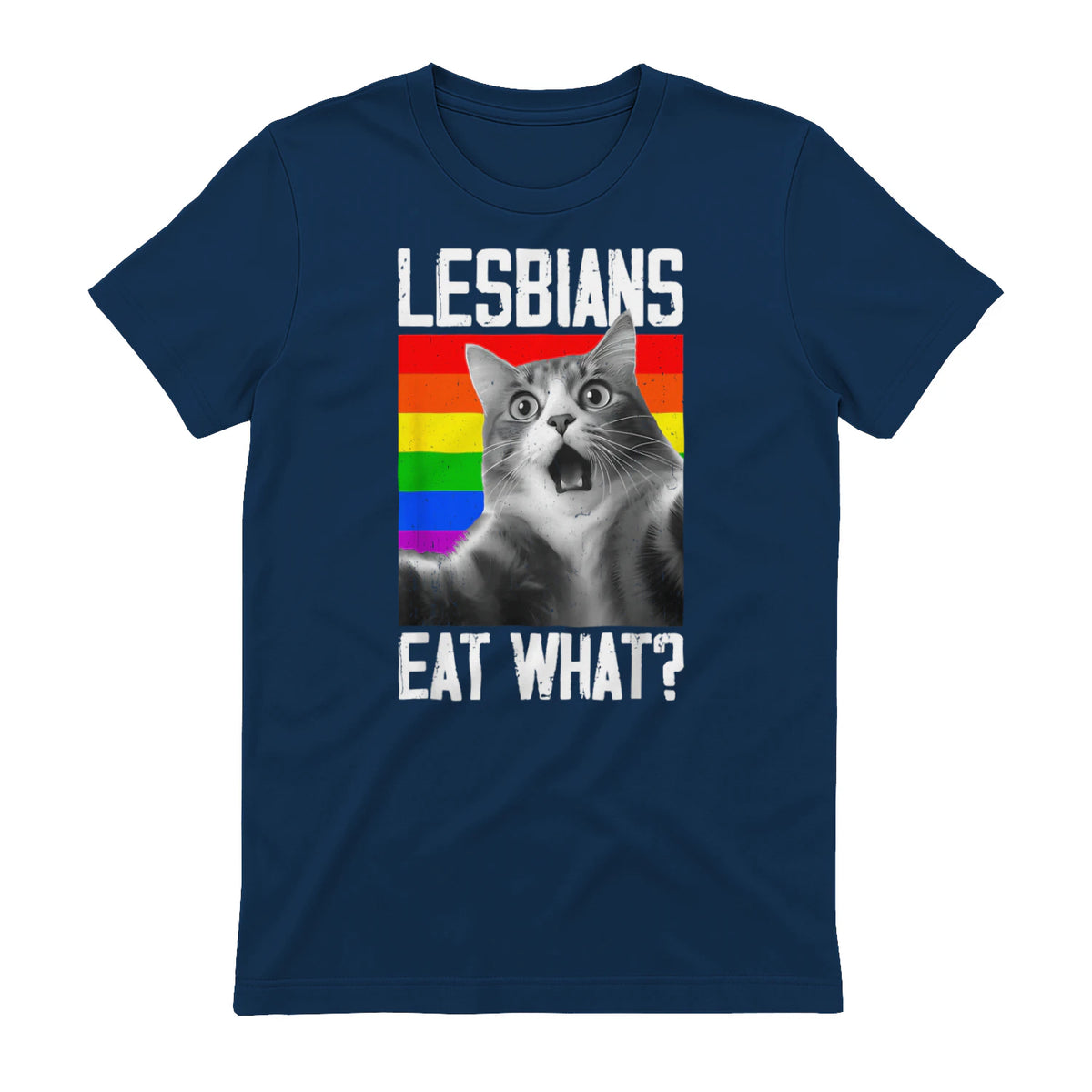 Lesbians Eat What? LGBT Lesbian Girlfriend Funny Cat Gift T-Shirt in Navy - back view