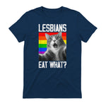 Lesbians Eat What? LGBT Lesbian Girlfriend Funny Cat Gift T-Shirt in Navy - back view