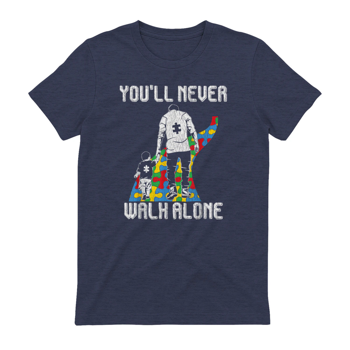 Vintage Father Son Family Autistic Kids Autism Awareness Dad in Heather Navy - back view