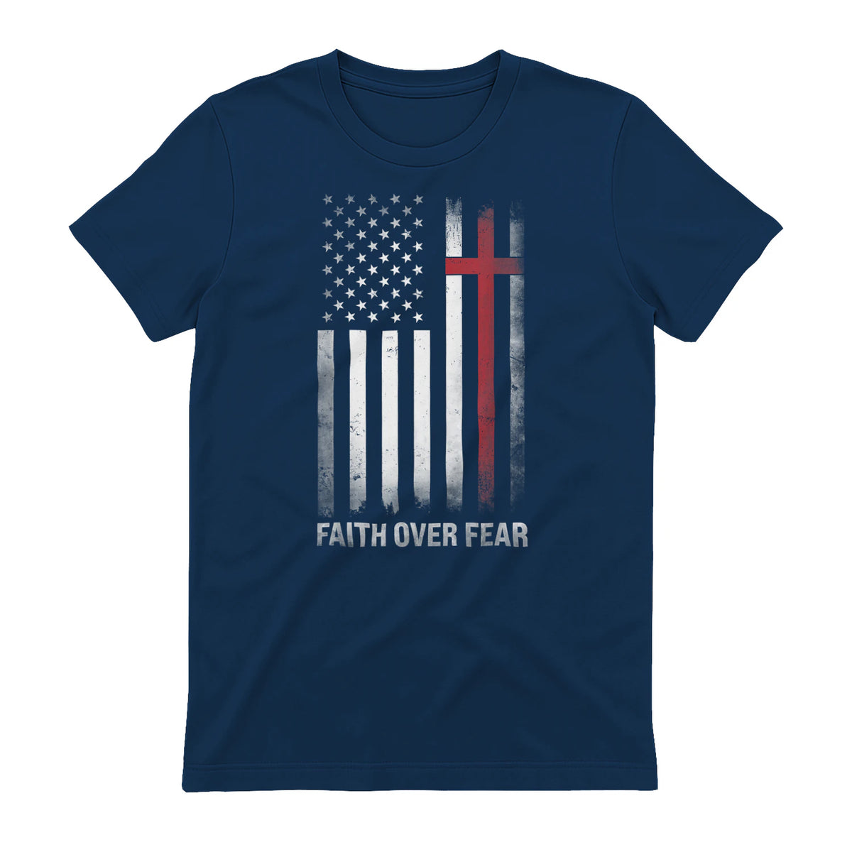 Christian US USA Flag American Christ Faith Over Fear Cross T-Shirt in Navy - back view