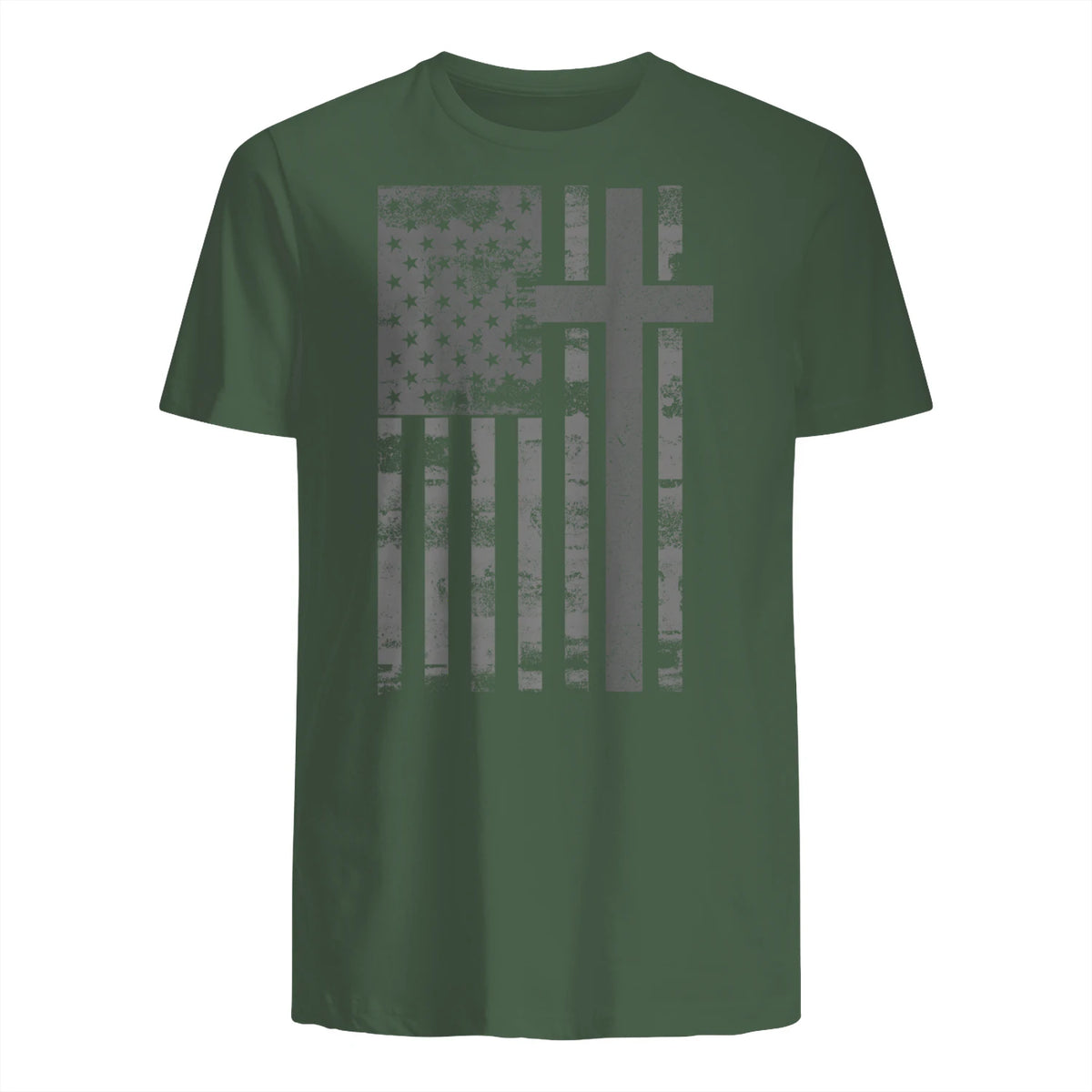 (Art) American Flag Christian Faith Cross Patriotic T-Shirt in Military Green - back view