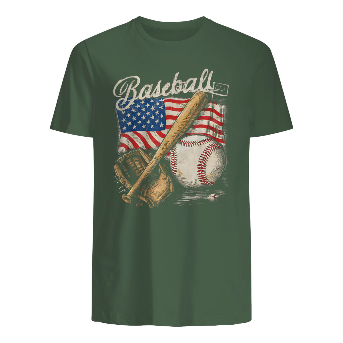 American Flag Baseball Player Bat Fan Catcher Pitcher USA T-Shirt in Military Green - back view