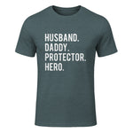 Husband daddy protector hero T Shirt cool father dad tee in Dark Heather - front view