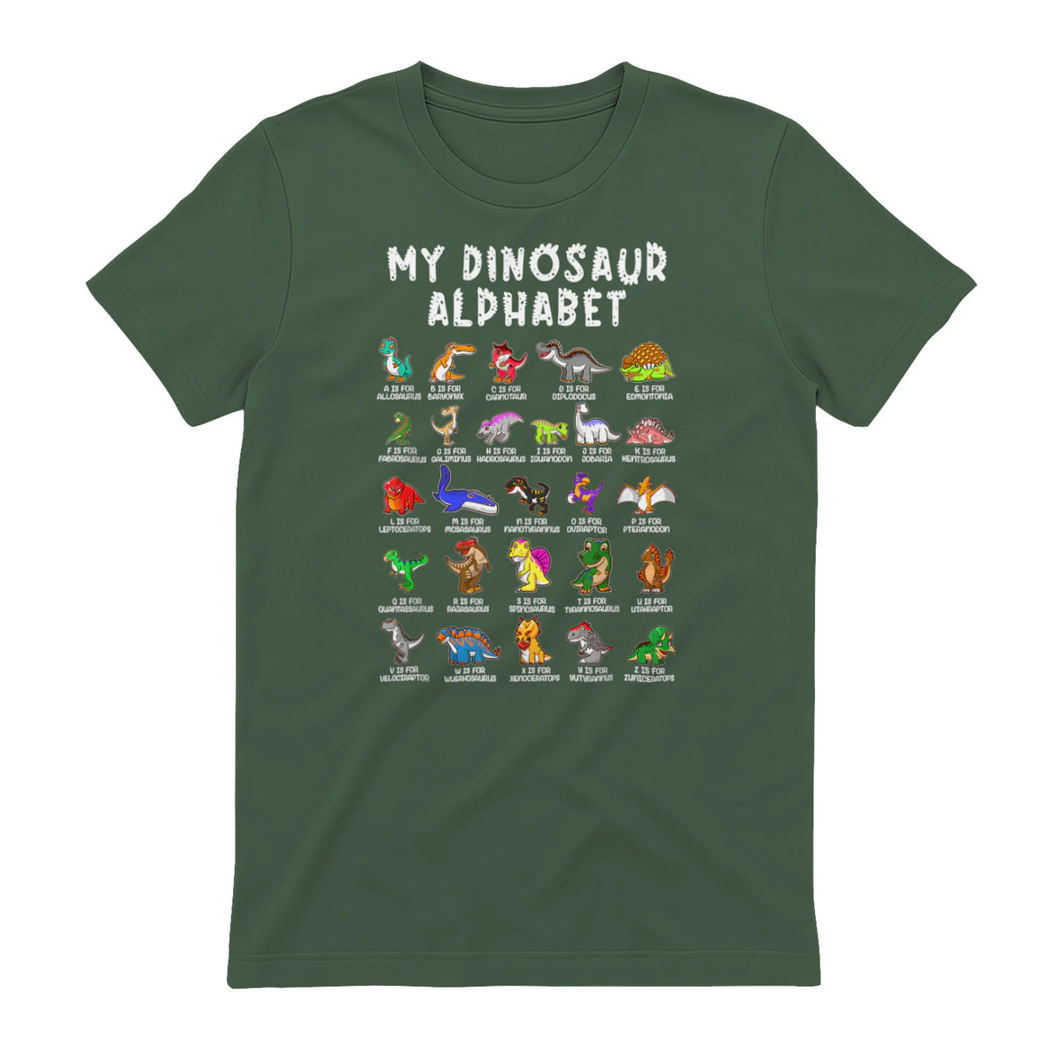 Types Of Dinosaurs Alphabet Dino Identification T-Shirt in Military Green - back view