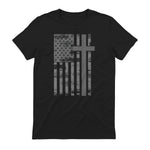 (Art) American Flag Christian Faith Cross Patriotic T-Shirt in Black - back view