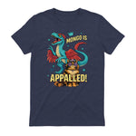 Retro Mongo is Appalled Princess Cat Riding Dinosaur Womens T-Shirt in Heather Navy - back view