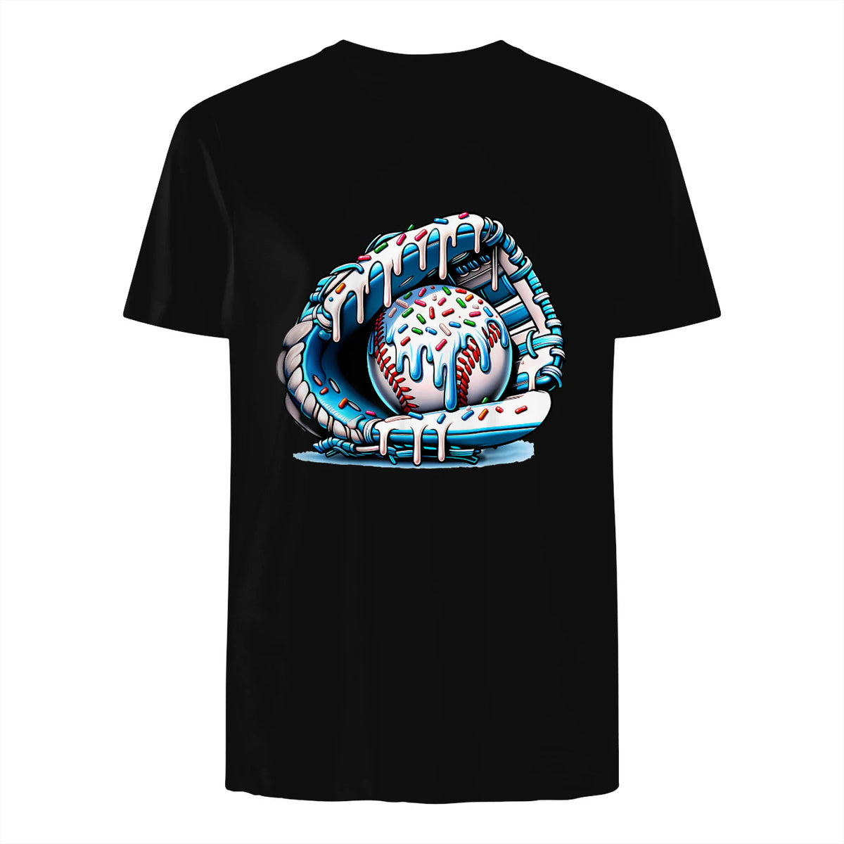Baseball Drip Ice Cream Sprinkles Baseball Glove T-Shirt in Black - back view