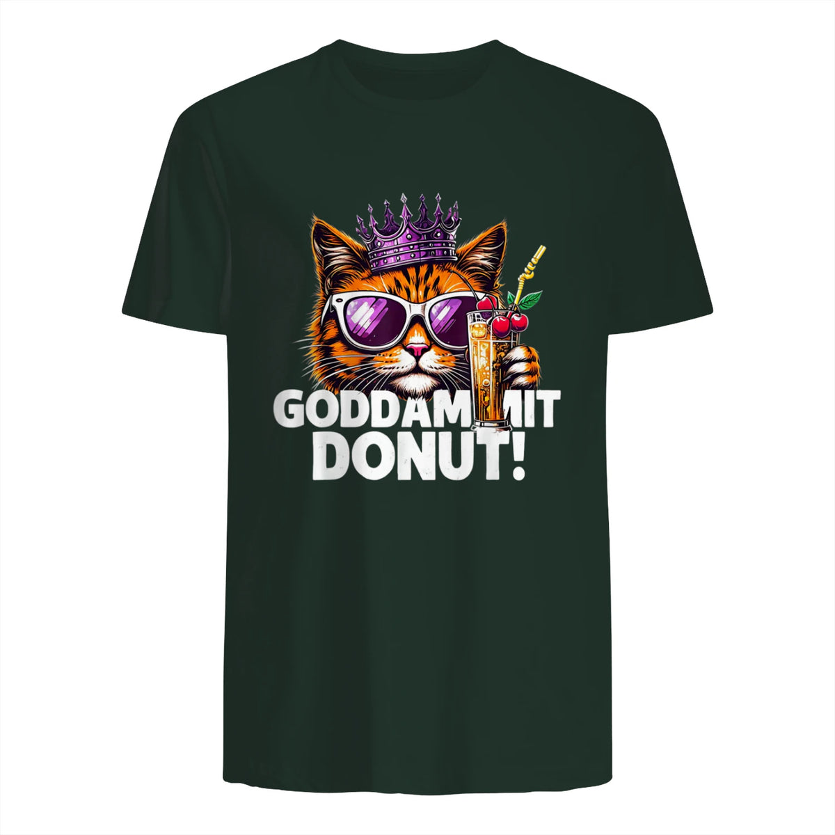 Donut Princess Cat Meme Tee – Kawaii Funny Cartoon Style T-Shirt in Forest Green - back view