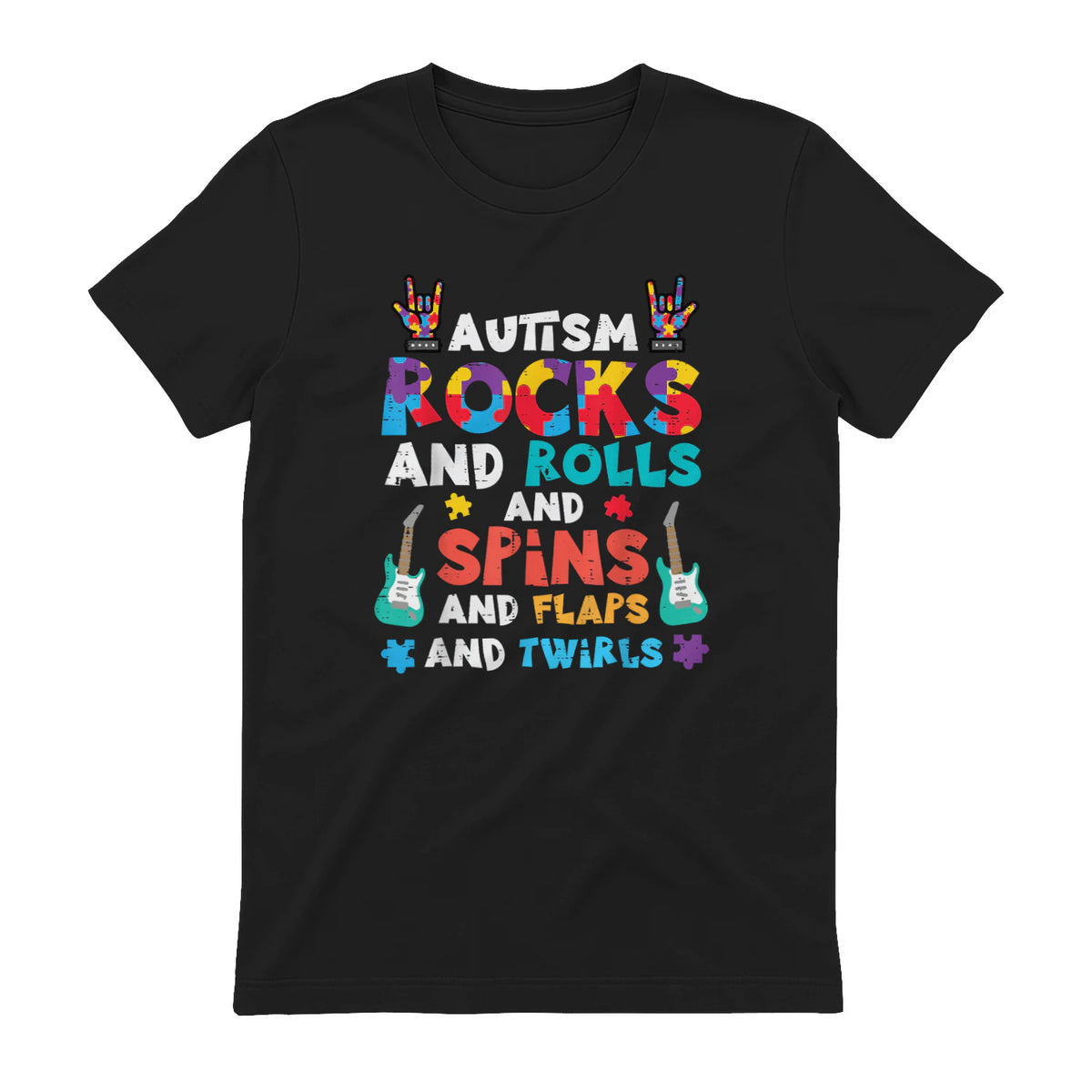 Autism Rocks Rolls Spins Flaps Awareness Boys Kids Women Men in Black - back view