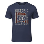 Historic USA Route Sixty-Six Highway Road Sign T-Shirt in Heather Navy - front view