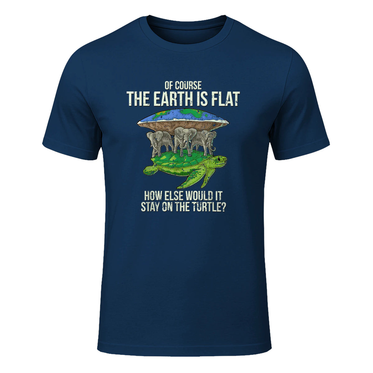 Flat Earth Society T Shirt Turtle Elephants Men Women Gift in Navy - front view