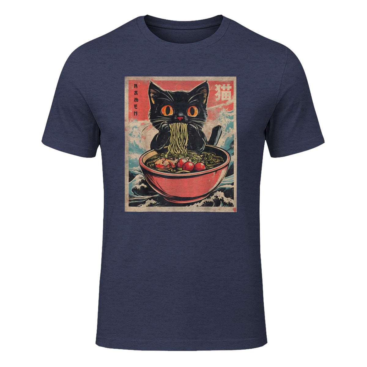 Unisex Adults Cat Ramen Japanese Funny Graphic Tees Kawaii Cat Anime Gifts T-Shirt in Heather Navy - front view