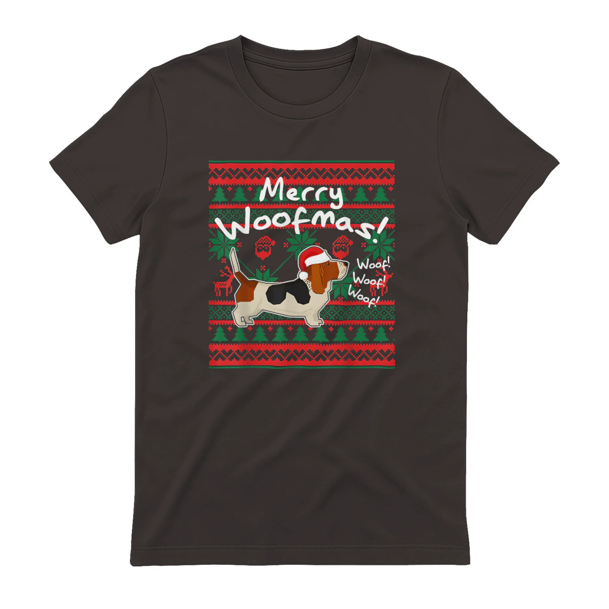 Basset Hound Chemise de Noël Merry Woofmas Père Noël Chien in Dark Chocolate - back view