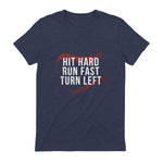 Hit Hard Run Fast Turn Left Funny Baseball Player & Fan T-Shirt in Heather Navy - back view
