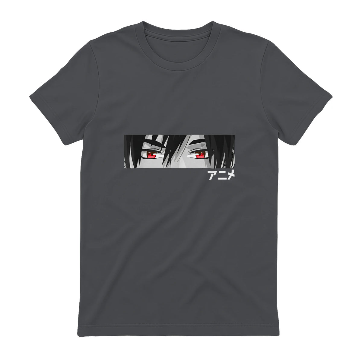 Anime in Japanese Characters Kawaii Eyes Face Short Sleeve in Charcoal - back view