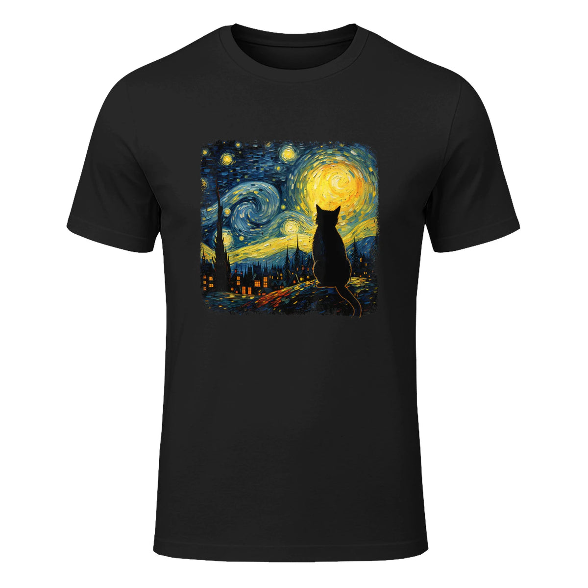 Starry Night Cat Lover T-Shirt in Black - front view