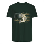Fishing Camouflage US American Flag Bass Fish Fisherman Camo T-Shirt in Forest Green - back view