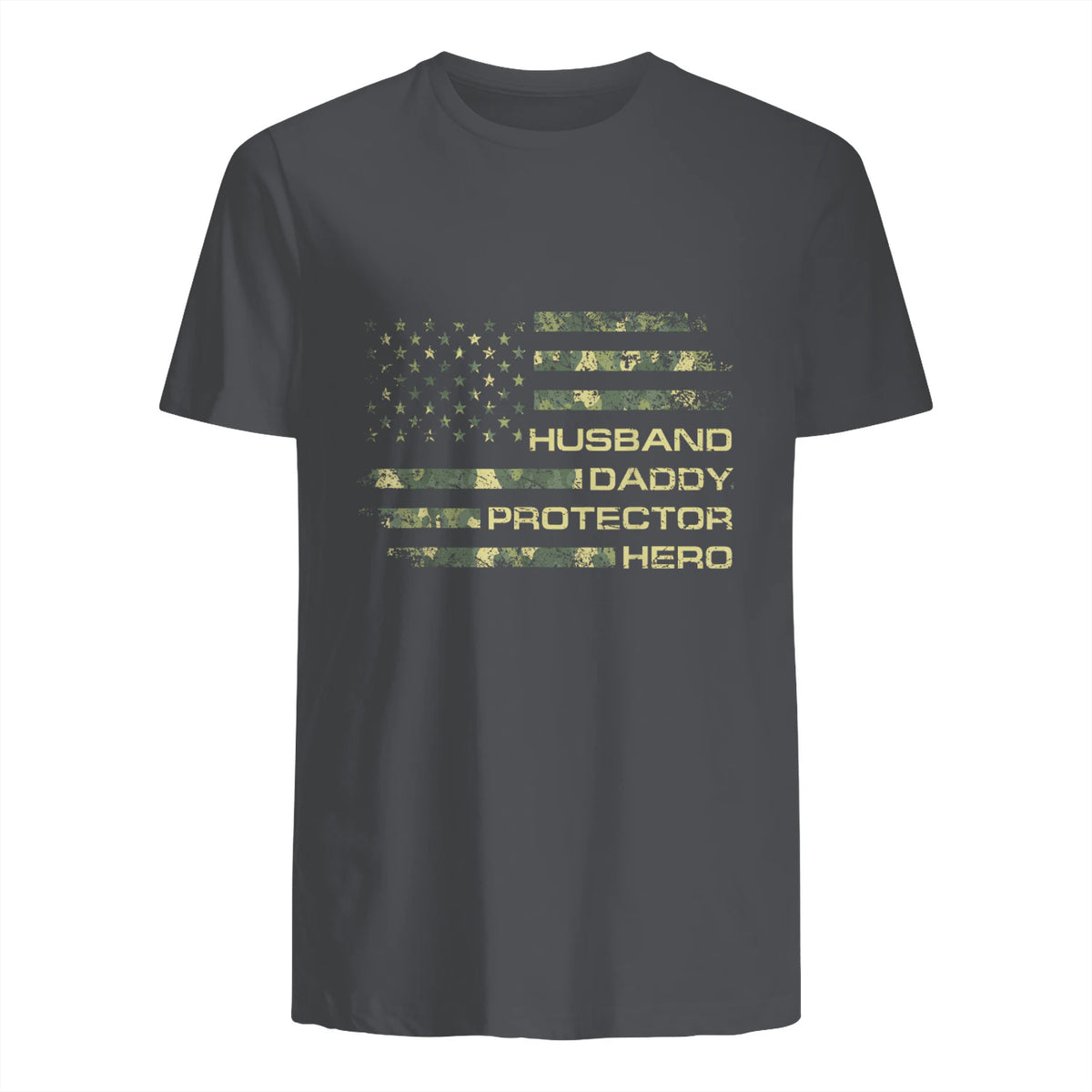 Husband Daddy Protector Hero Fathers Day Camo American Flag in Charcoal - back view
