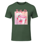Funny Retro Nineties Japanese Kawaii Strawberry Milk Shake Carton T-Shirt in Military Green - front view