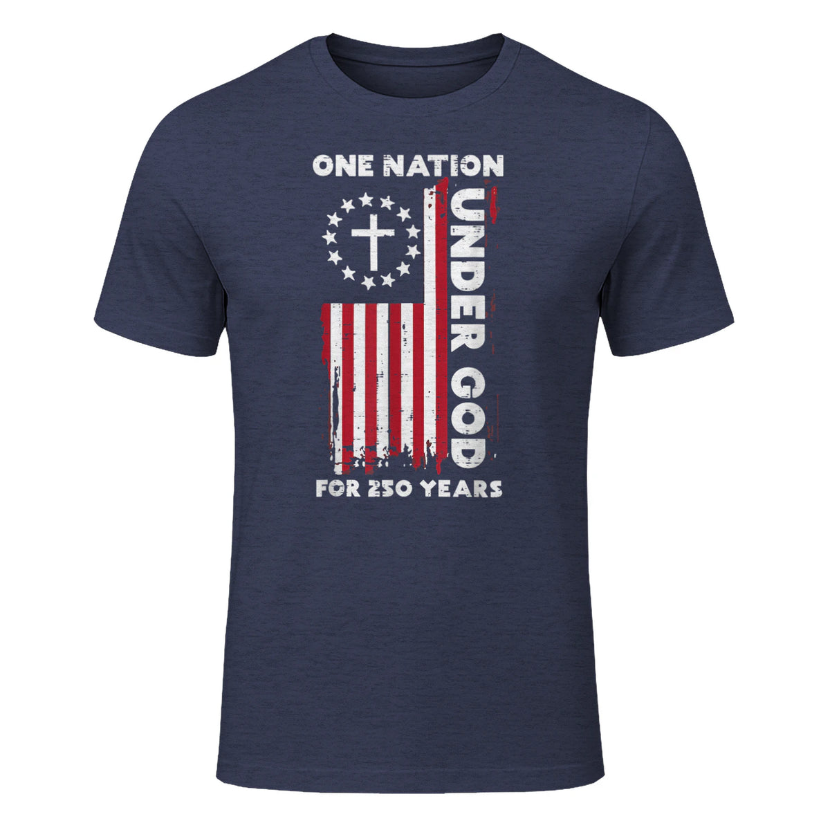 Christian American Flag Anniversary T-Shirt in Heather Navy - front view