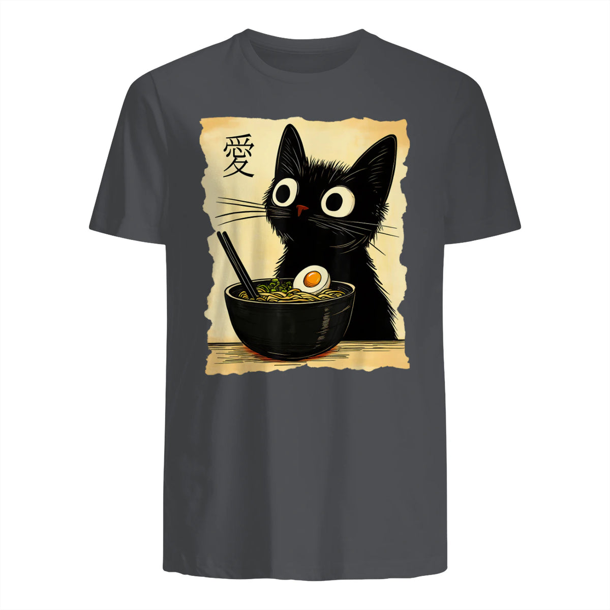 Funny Cat Ramen Graphic Tee Japanese Kawaii Anime Cat T-Shirt in Charcoal - back view