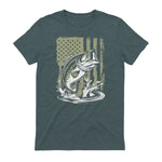 Fishing Camo Bass Fish American Flag Men's Fisherman Gift T-Shirt in Dark Heather - back view