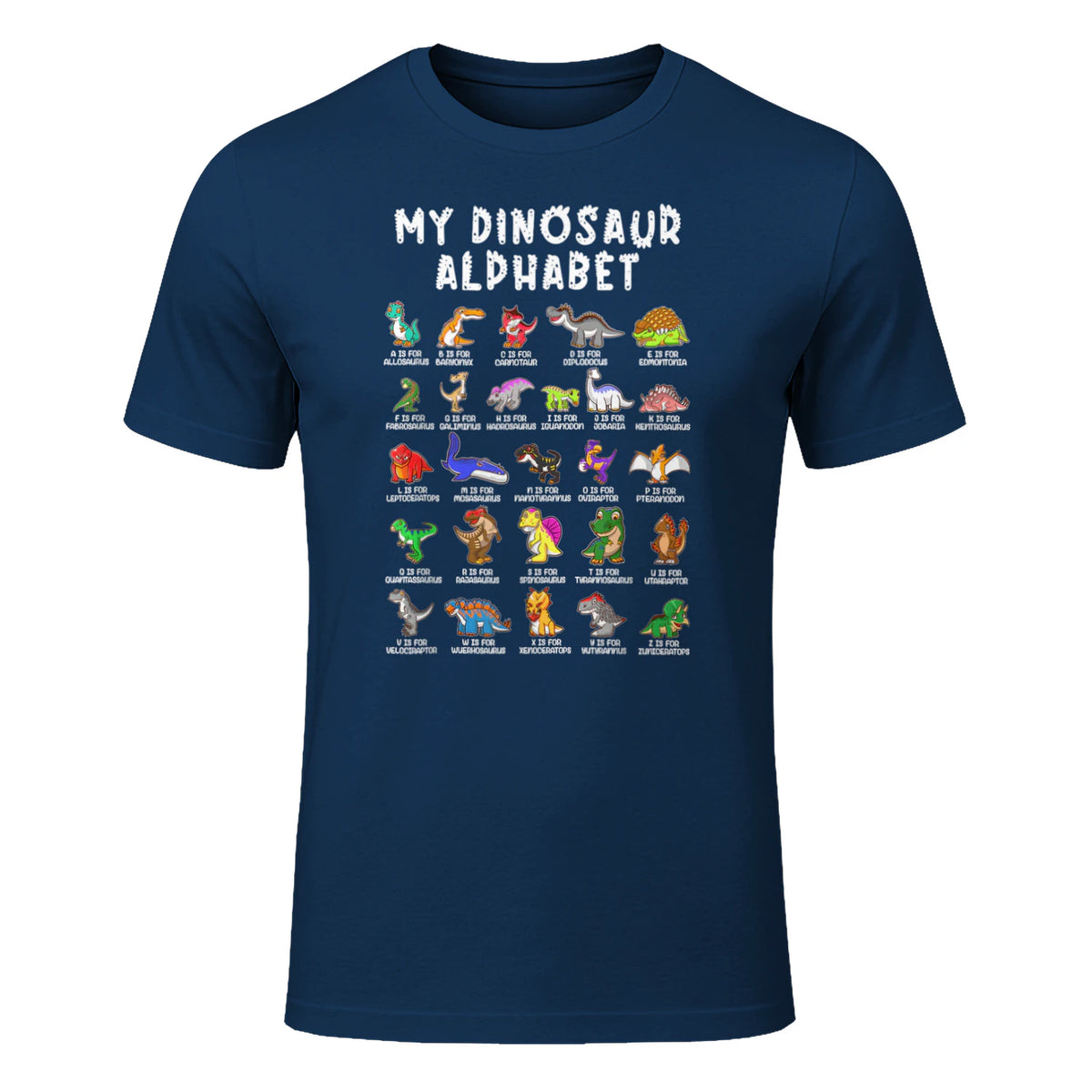 Types Of Dinosaurs Alphabet Dino Identification T-Shirt in Navy - front view