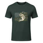 Fishing Camouflage US American Flag Bass Fish Fisherman Camo T-Shirt in Forest Green - front view
